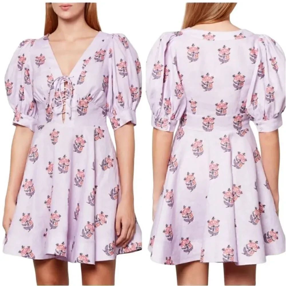 House of Harlow 1960 Linen Blend Floral Puff Sleeves Mini Dress Size 2